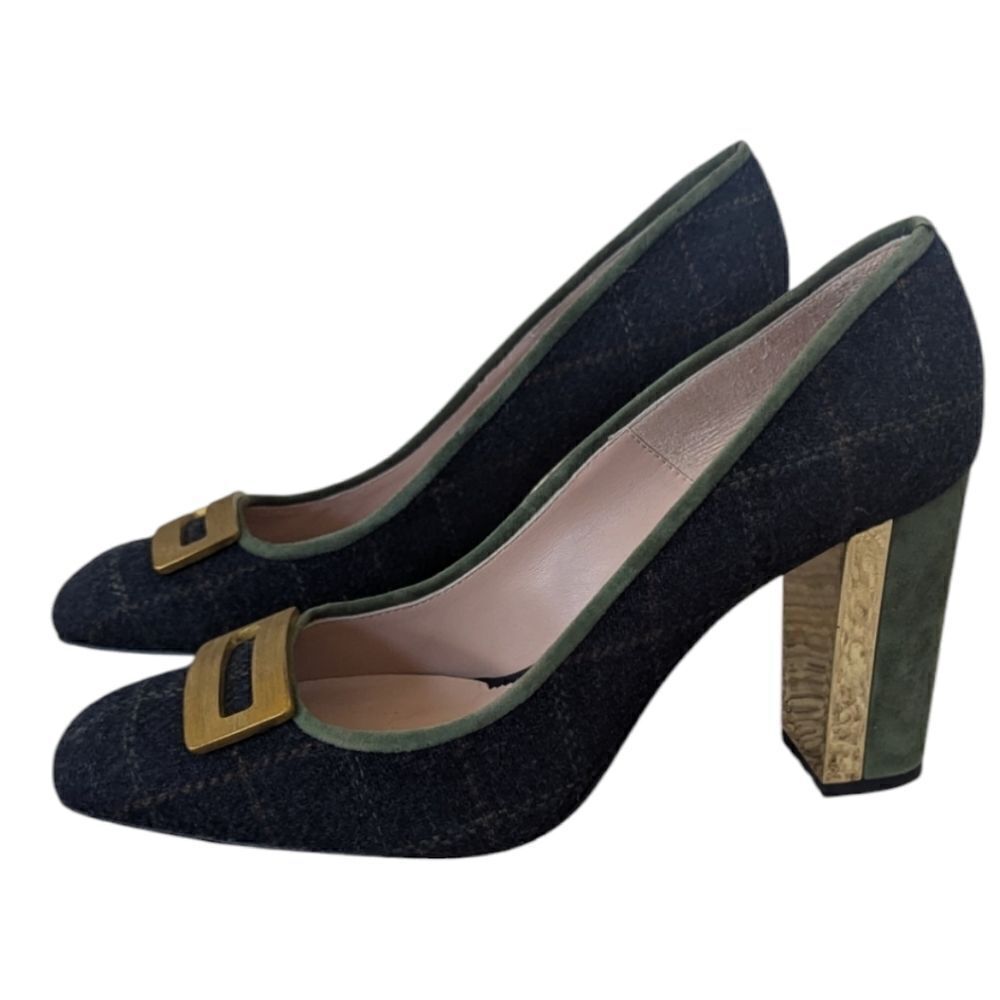 Hannibal Laguna Women's EU 40 Navy Wool Tartan Plaid Suede Pumps Square Toe - Picture 2 of 11